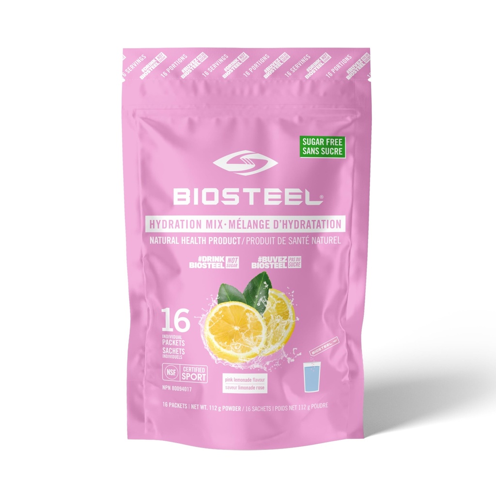 BIOSTEEL Hydration Mix, Sugar-Free with Essential Electrolytes, Pink Lemonade, 16 Single Serving Packets