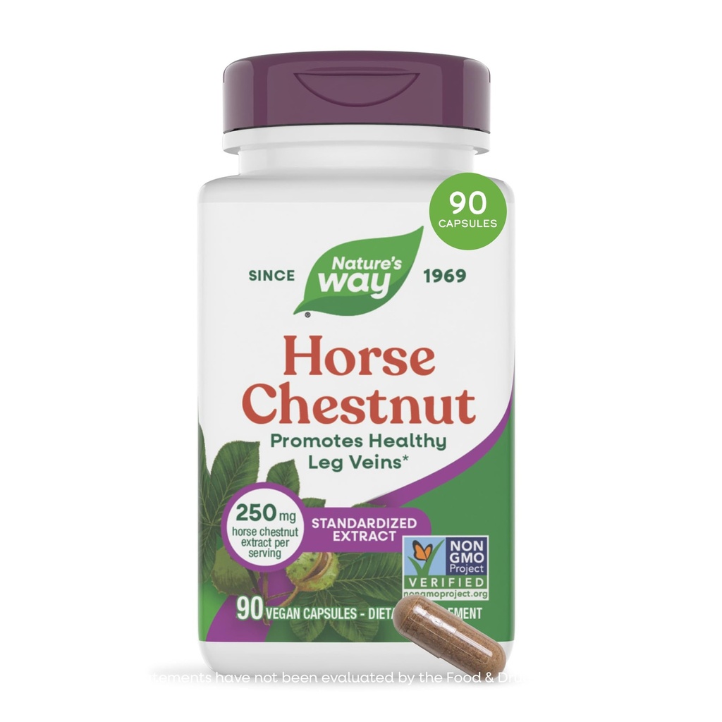 Nature's Way Horse Chestnut Extract, Premium Extract, Supports Healthy Leg Veins*, Standardized to 20% Aescin, Non-GMO Project Verified, Gluten Free, Vegan, 90 Capsules
