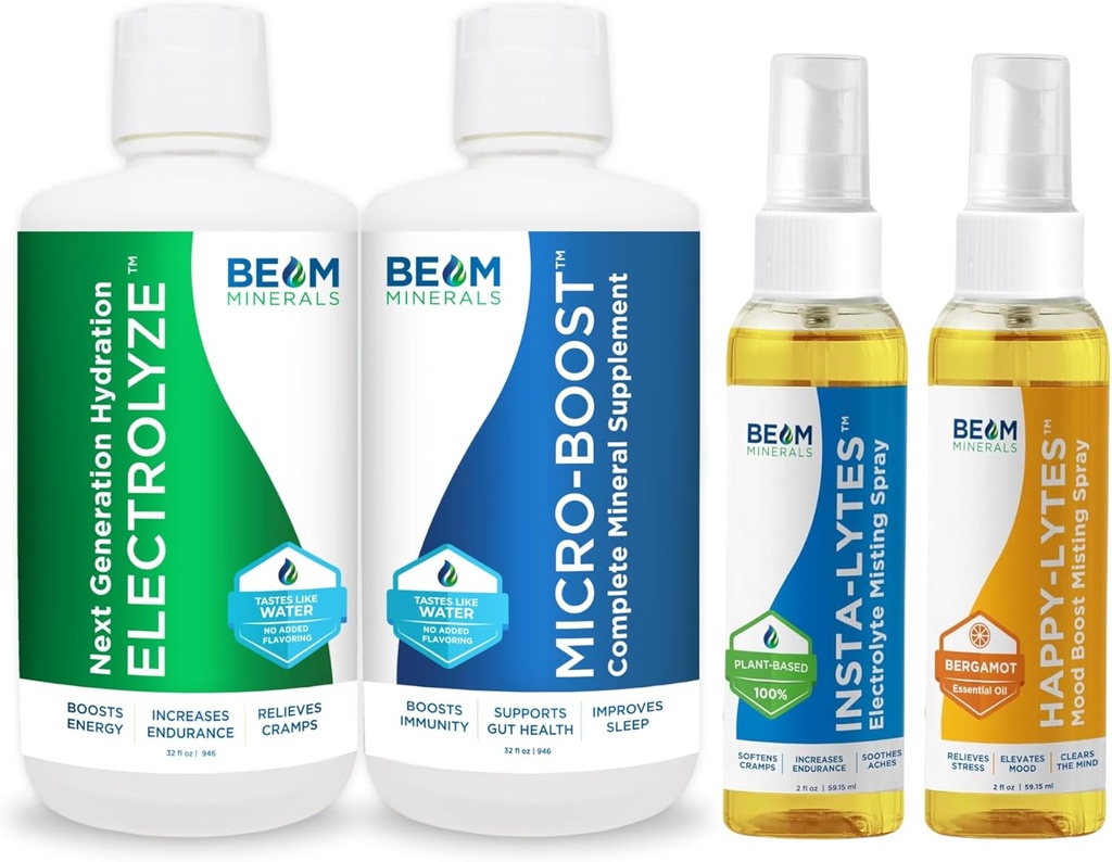 Beam Minerals Micro-Boost Humic Mineral Blend " Electrolyze Liquid and Insta-Lytes Natural Liquid Electrolytes 2oz y Happy-Lytes Fluvic Electrolyte Espray 2oz