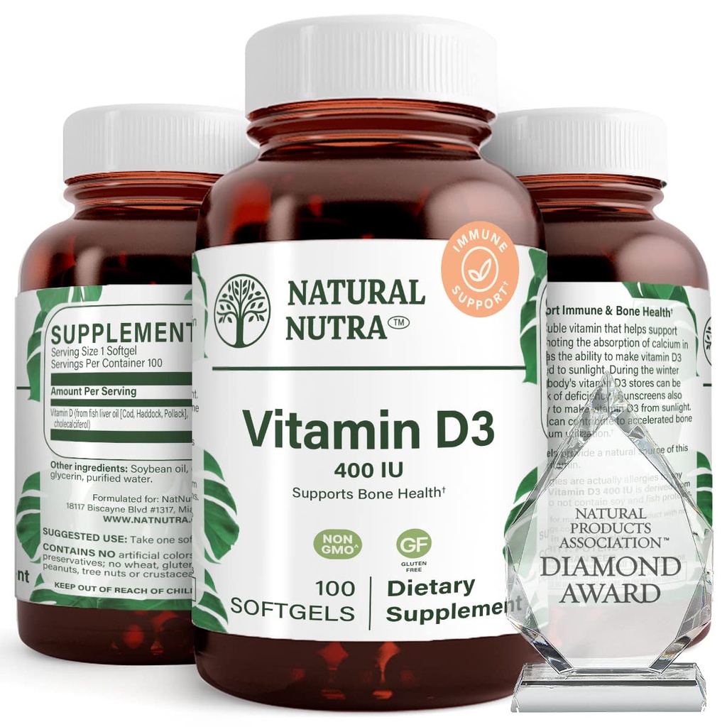 Natural Nutra 100 Vitamin D3 400 IU Softgels - VIT D Supports Immune Function, Bone & Teeth Health - Sunshine Vitamin D Formula for Cardiovascular & Lung Support - Gluten-Free Dietary Supplement