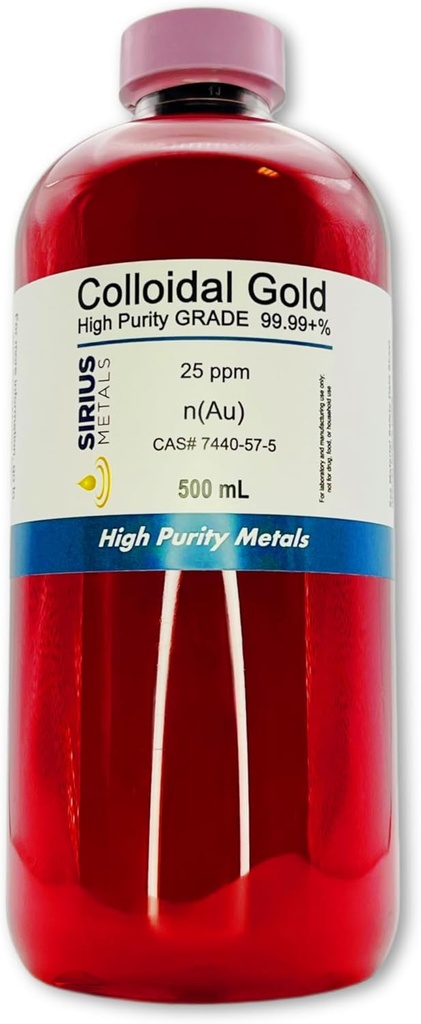 True Colloidal Gold – 25 ppm - 99.99+% Purity - 500 mL (16.9 Fl Oz) en Clear BPA-Free Plastic Bottle - Made in USA