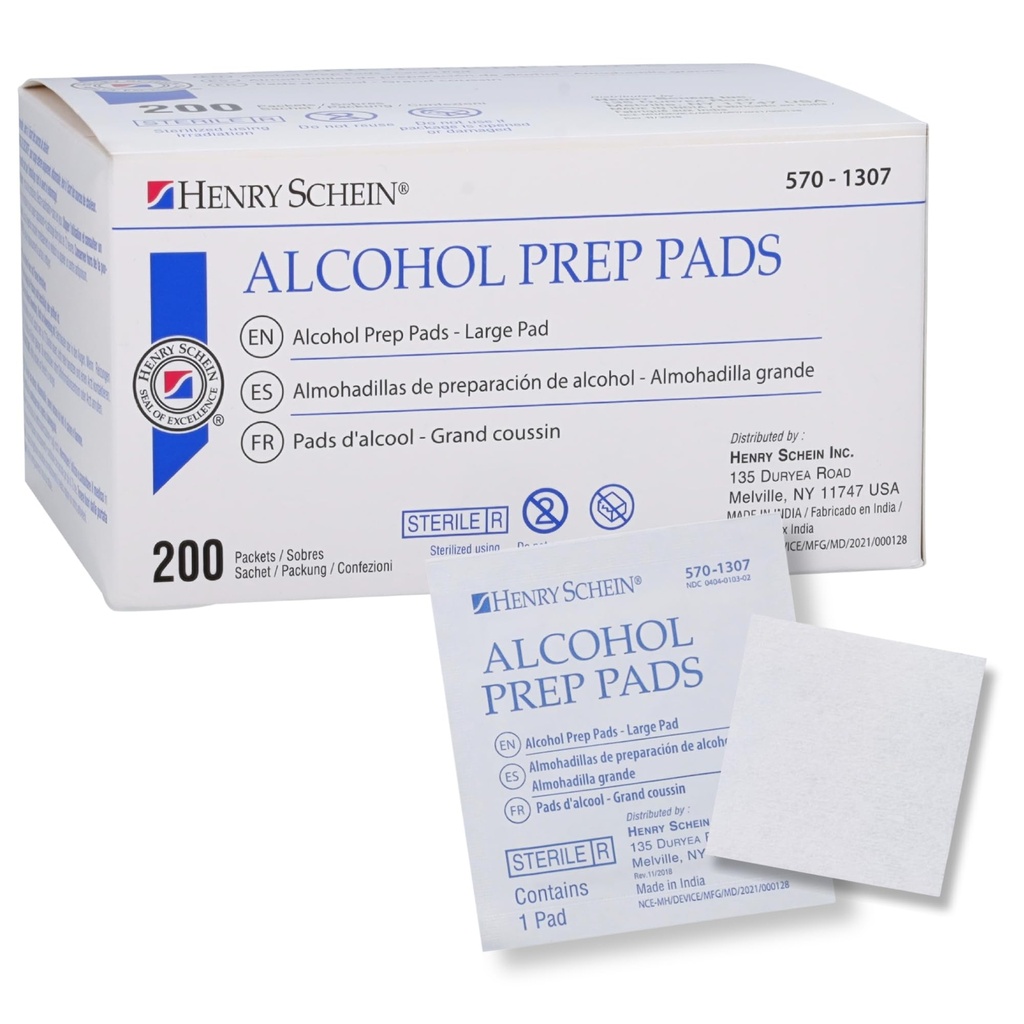Henry Schein Large Alcohol Prep Pads (200/Box) - 70% Isopropyl Alcohol Wipes, Individually Wrapped - 2 ply, Textured - Skin Prep Alcohols Swabs - Sterile Pads