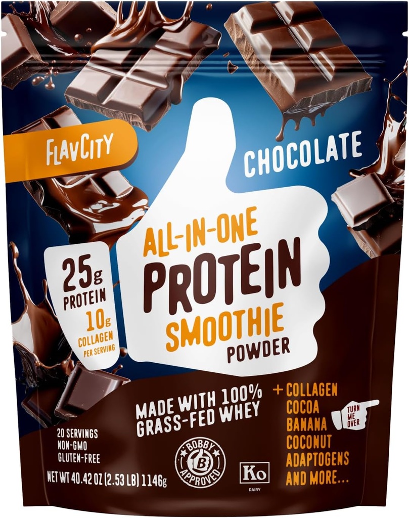 FlavCity Grass Fed Whey Chocolate Protein Powder - 25g Protein &amp; 10g Collagen - Hecho con Cocoa Orgánica, Bananas &amp; Coconut Milk - Gluten Gratis &amp; No Añadido Sugares (20 Servings)