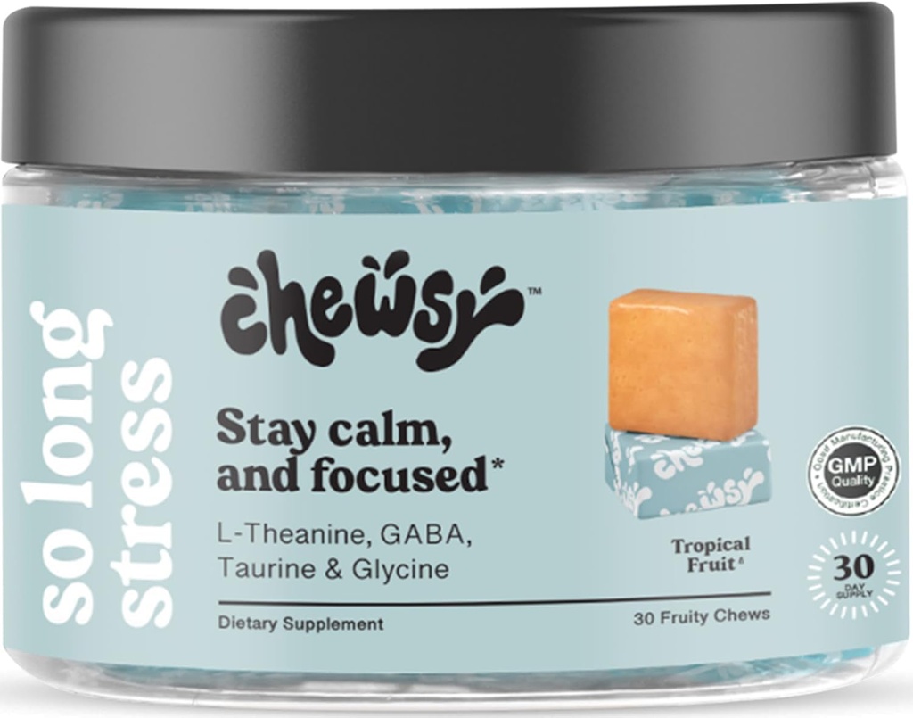 Chewsy So Long Stress, Calma Afrutado Chews, Calma & Focused. w/L-theanine, Amino Acid, GABA, Glycine, Tyrosine, Taurine &amp; Magnesium. Sin gluten y sin gluten. Vacas Frutas Tropicales, Suministro de 30 días