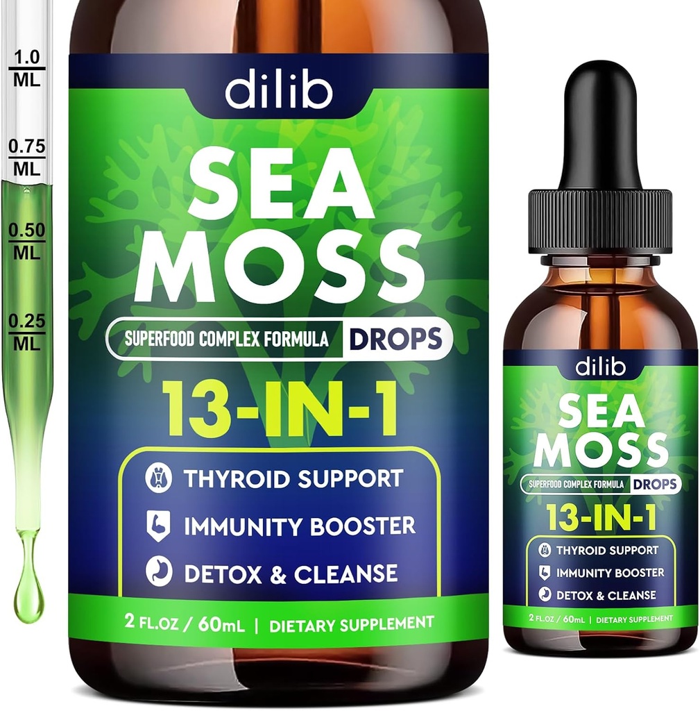 Irlandés Moss gotas líquidas: 13 en 1 con aceite de semilla negra, Ashwagandha, tumérico, multimineral, vitamina C, E, Apoyo para Gut Heath Energy Skin Immune Support & Hair for Women and Men, 2 Fl Oz, Vegan