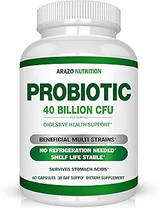Arazo Nutrition Probiotic 40 Billion CFU - Shelf Stable with Prebiotics and Acidophilus - Stable Potency Until Expiration – Time Delay Release Probiotics