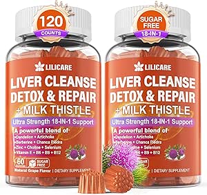 Milk Thistle Liver Detox Gummies, 18-IN-1 Liver Cleanse Detox &amp; Repair Supplement with Berberine, Chicory Root, Turmeric, Artichoke, Dandelion Root, Chanca Piedra, Vitaminas B6 B12-Sugar Gratis,Pack of 2