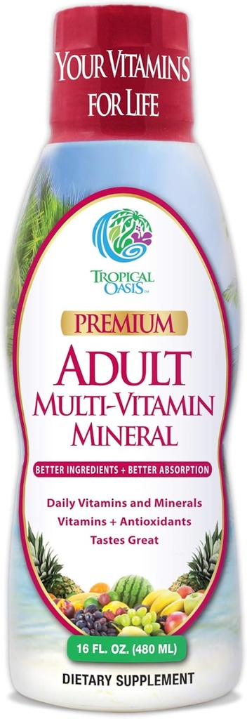 Oasis tropical Adult Liquid Multivitamin -Liquid Multi-Vitamin y Suplemento Mineral con 125 Nutrientes Total Incluyendo; 85 Vitaminas & Minerales, 23 Aminoácidos, y 18 Herbs - 16 fl oz, 32 serv
