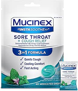 Mucinex InstaSoothe Sore Throat + Cough Relief Alpine Herbs & Mint Flavor, Fast Acting, Cooling Comfort, Powerful Sore Throat Oral Pain Reliever, 40 Medicated Drops