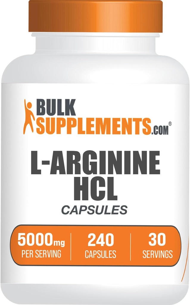 BulkSupplements.com L-Arginine HCl Capsules - Suplemento Arginina, Suplemento Nitric Oxide, L Arginine Capsules - Nitric Oxide Pills, Gluten Free - 8 cápsulas por Serving, (5000mg) 240 cápsulas