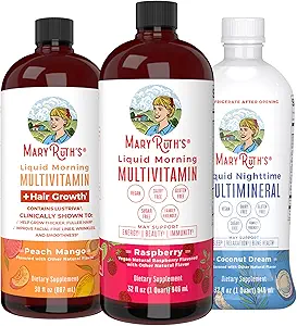 MaryRuth's Liquid Morning Multivitamins: +Hair Growth (Peach Mango), Daily Wellness (Raspberry), and Nighttime Multimineral (Coconut) | Vegan Vitamins for Beauty, Energy, & Bedtime | Non-GMO