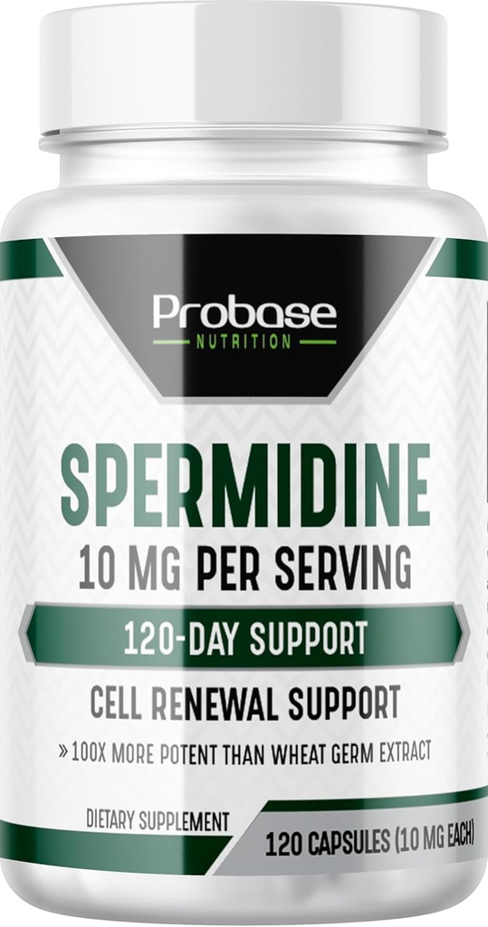 Probase Nutrition Spermidine (10mg of 99% Spermidine 3HCL - Third Party Tested) 120 Capsules - 100x More Potent Than Wheat Germ Extract, Telomere Health and Aging 120-Day Supply - As efficient as NMN