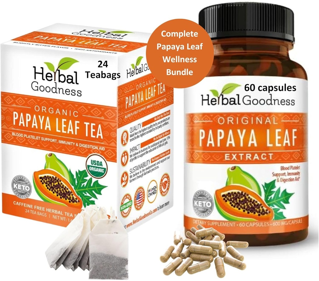 Papaya Leaf Extract Capsule y Papaya Leaf Tea Bundle - Totalmente Apoyo Immune Salud y Bienestar Digestivo