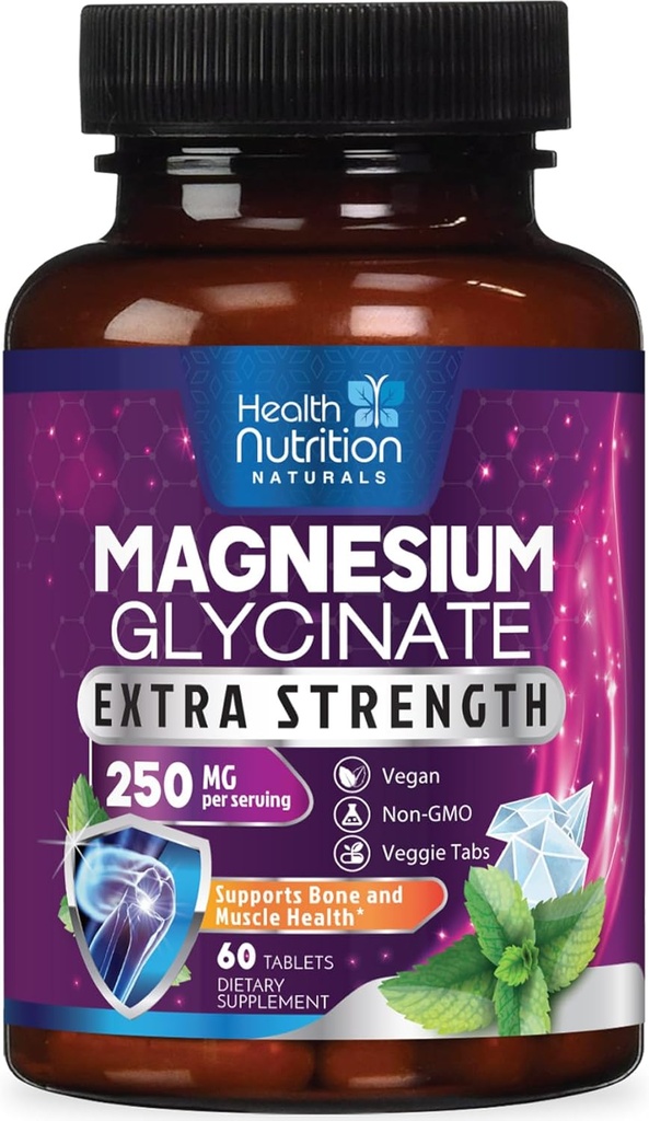 Magnesio Glycinate 250mg - Magnesio 100% Chelated para Max Absorción - Apoyo al sueño, Muscle, Nerves, Bone & Heart Health Support, Best Mag Supplement, Vegan Non-GMO, 3rd Party Tested - 60 Tablets