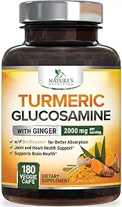 Curcumina Turmérica Suplemento 2000mg - 95% Curcuminoides con Glucosamina, Ginger & MSM, BioPerine Black Pepper para la mejor absorción, Apoyo Conjunto Vegano de la Naturaleza, Non-GMO, Botellado en EE.UU. - 180 cápsulas