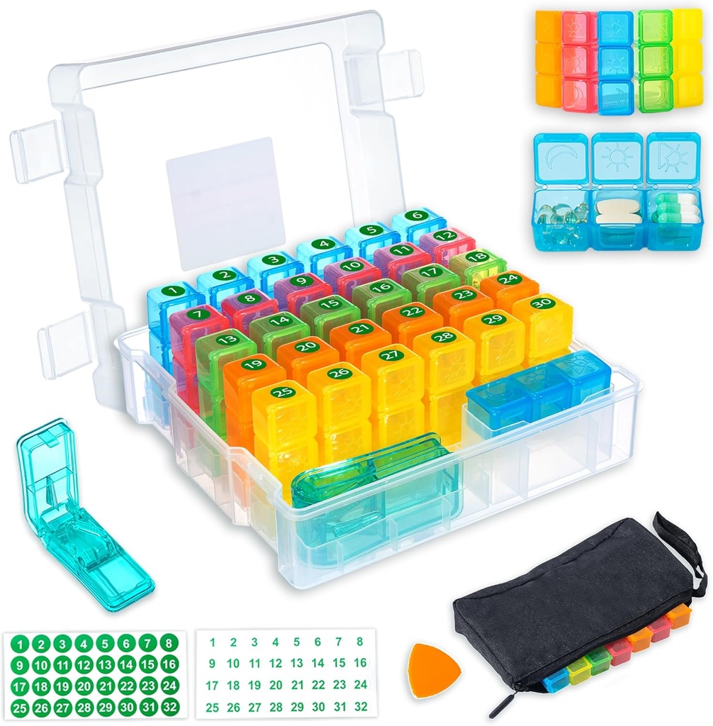 Organizador mensual de píldoras 3 veces al día con caja resistente a la humedad de 31 días, bolsa semanal de píldoras, pegatinas, toma de apertura de plástico para un uso fácil, manejo conveniente de medicamentos diarios (White)