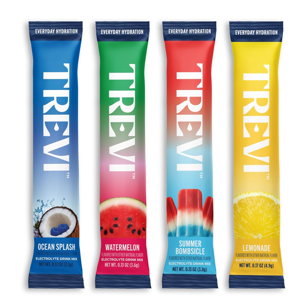 TREVI™ Everyday Sugar Free Electrolytes - Essential Drink Mix Hydration Powder Packets - 20 Count - Poolside Variety Pack - Watermelon, Summer Bombsicle, Ocean Splash, Lemonade