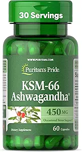 Pride de Puritan KSM-66 Ashwagandha® 450mg, Suplemento dietético altamente concentrado para el alivio del estrés, el aumento de la humedad y el soporte de memoria, 1 mes de suministro, 60 cápsulas