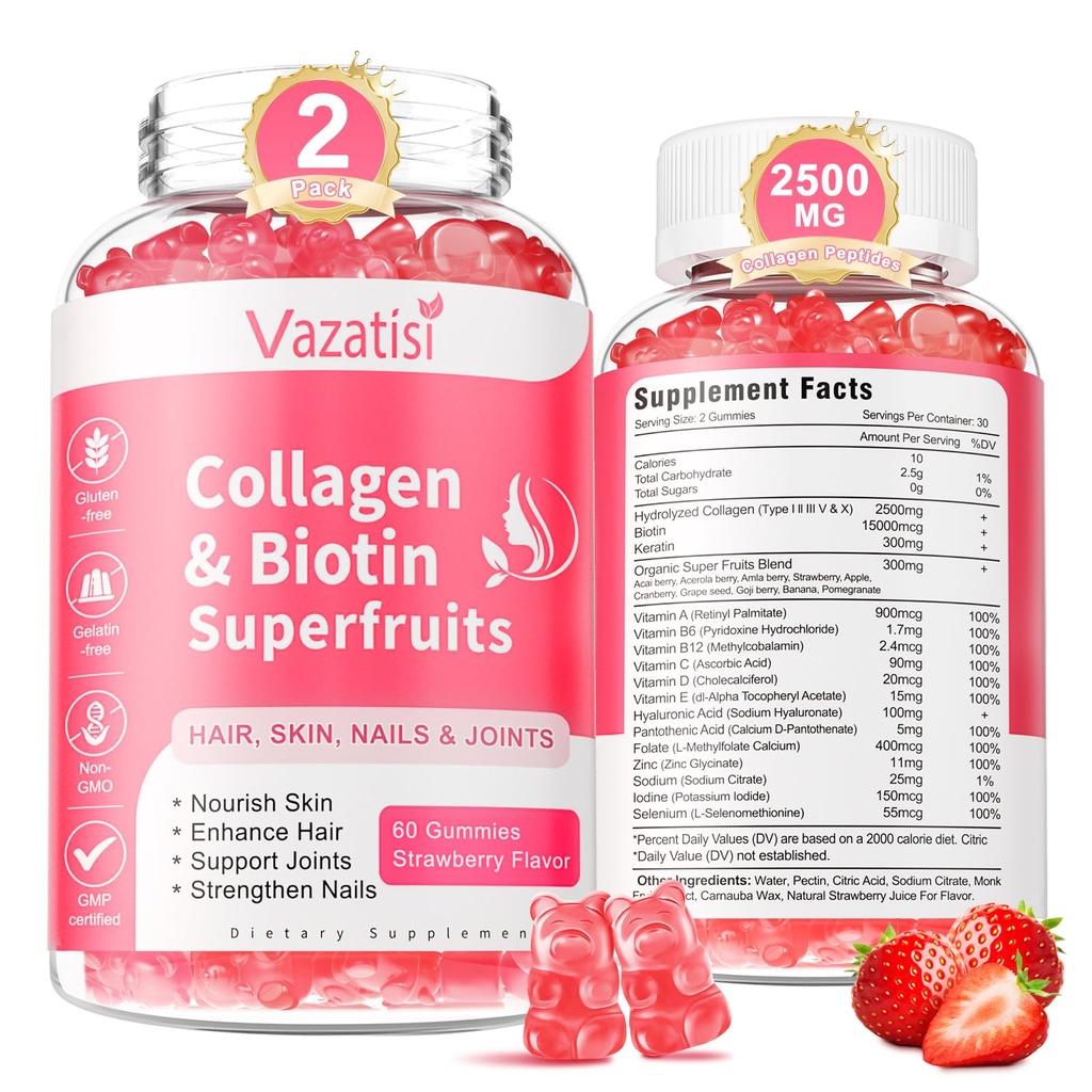 2 Empaquetaduras de colágeno gratis para hombres, péptidos multi colágeno Gummies Tipo I II III V X con biotina Vitamina A B C D E para uñas de piel de pelo, sabor a fresa, 120 Condes
