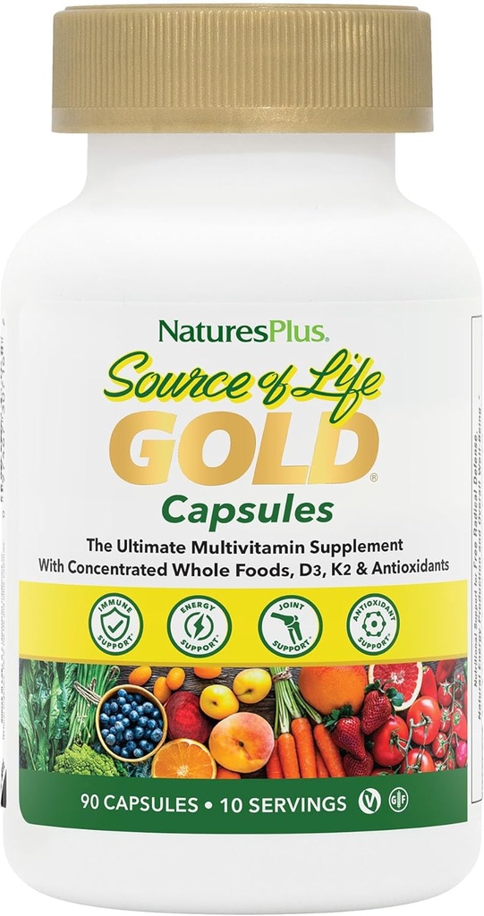 NaturesPlus Source of Life Gold Multivitamin - 90 cápsulas vegetarianas - con vitaminas D3, B12, K2 &amp; More Than 120 Whole Foods - Blood, Bone &amp; Immune Support - Gluten Free - 10 Servings