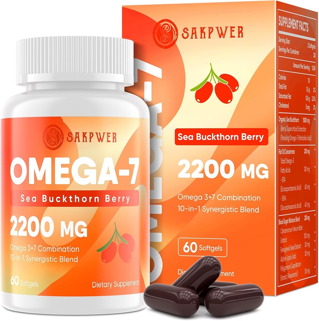Omega-7 Sea Buckthorn Oil - con Omega-3 EPA/DHA Fish Oil, Cinnamomum, Fenugreek, ALA, Green Tea, Cayenne Pepper, Turmeric, Resveratrol, Black Pepper - Gluten-Free, 60 Softgels