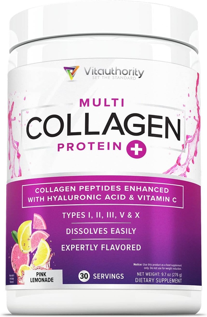 Multi Collagen Peptides Powder for Women - Hidrolyzed Flavored Collagen Powder for Women with Types I II III V & X Vitamin C & Hyaluronic Acid for Hair Skin and Nails (Pink Lemonade) - 30 Servings