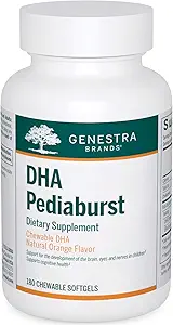 Genestra Brands DHA Pediaburst ← Chewable DHA Suplemento TEN 180 Chewable Softgels TEN Natural Orange Flavor