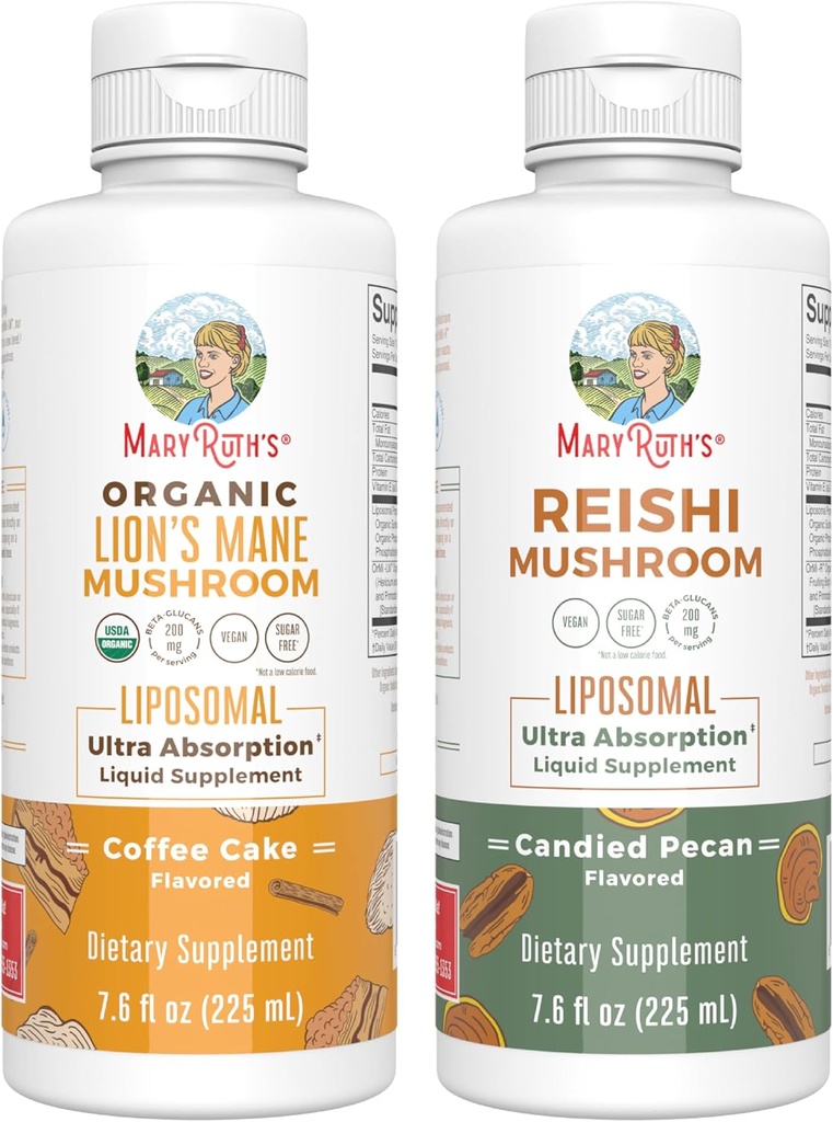 MaryRuth Organics Lion's Mane Liposomal (Coffee Cake) & Reishi Mushroom (Candied Pecan) ← Clean Label Project Verified® peru Vitamins for Cognitive Support, Immunity, " Global Health TEN Vegan, Non-GMO