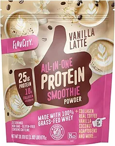 FlavCity Grass Fed Whey Protein Powder - Latte de vainilla - 25g Proteína, 10g Collagen &amp; 60mg de la cafeína - Hecho con verdadero grano de vainilla &amp; coco orgánico - Gluten Gratis &amp; No Añadido Sugars (20 Servings)