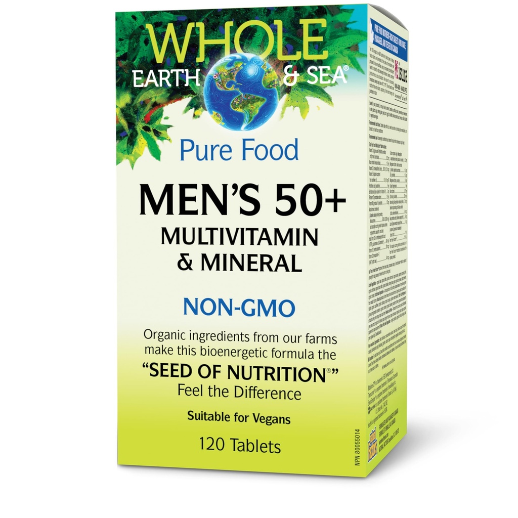 Factores naturales Toda la Tierra &amp; Mar Hombres 50+ Multivitamina &amp; Mineral - Soporte nutricional diario Multivitamina - Soportes Cerebro Salud &amp; Sistema Inmunitario Función - Vegan - 120 Tabletas (60 Servimientos)