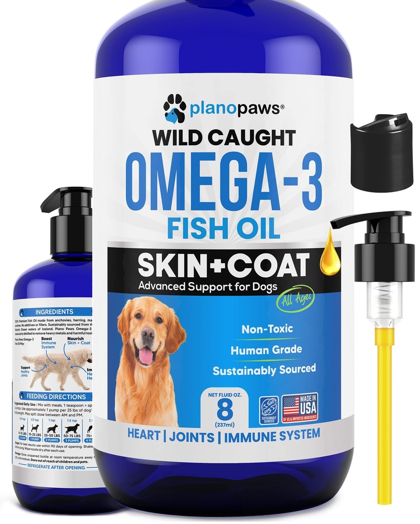 Omega 3 aceite de pescado para perros - Mejor que el aceite de salmón - Petróleo de pescado para perros suplemento para reducir la cama &amp; picazón - Soportes Juntas, cerebro y salud del corazón - Suplemento de piel y carne - Aceite de pescado líquido