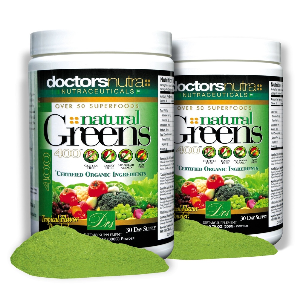 (Pack of 2) Natural Greens Juice Drink Super Food, 10.79 Ounces (306 Grams) with Certified Organic Ingredients - 50 Vegetarian Superfoods - no Gluten, Tropical Flavor