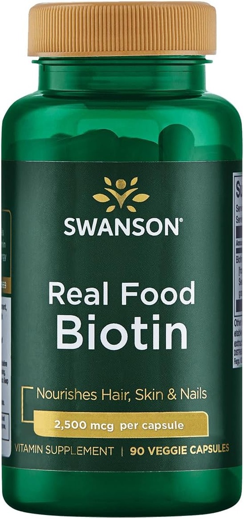 Swanson Real Food Biotin Vitamina B-7 Peluquería Piel Metabolismo Salud del árbol de colibrí orgánico Extracto Gluten-Free No GMO B7 5000 mcg 90 Veggie Capsules (Caps)