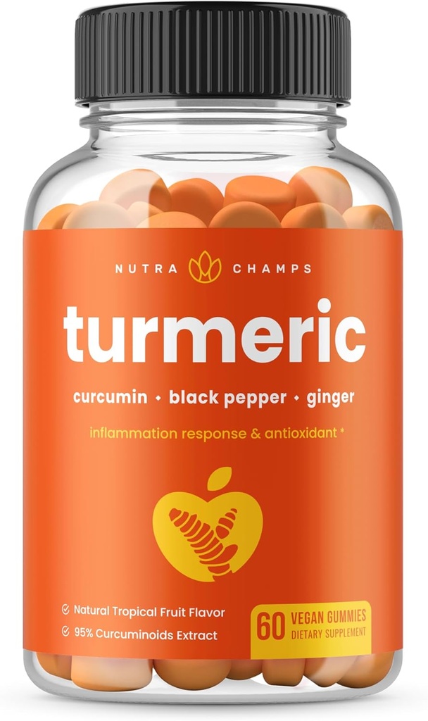 NutraChamps Gummies Turméricas para Adultos &amp; Niños con Extracto de Pepper Negro, 95% Curcuminoides, Vegan Suplemento de Apoyo Conjunto de Curcumina Natural, Suplementos de Gummy Tumérico