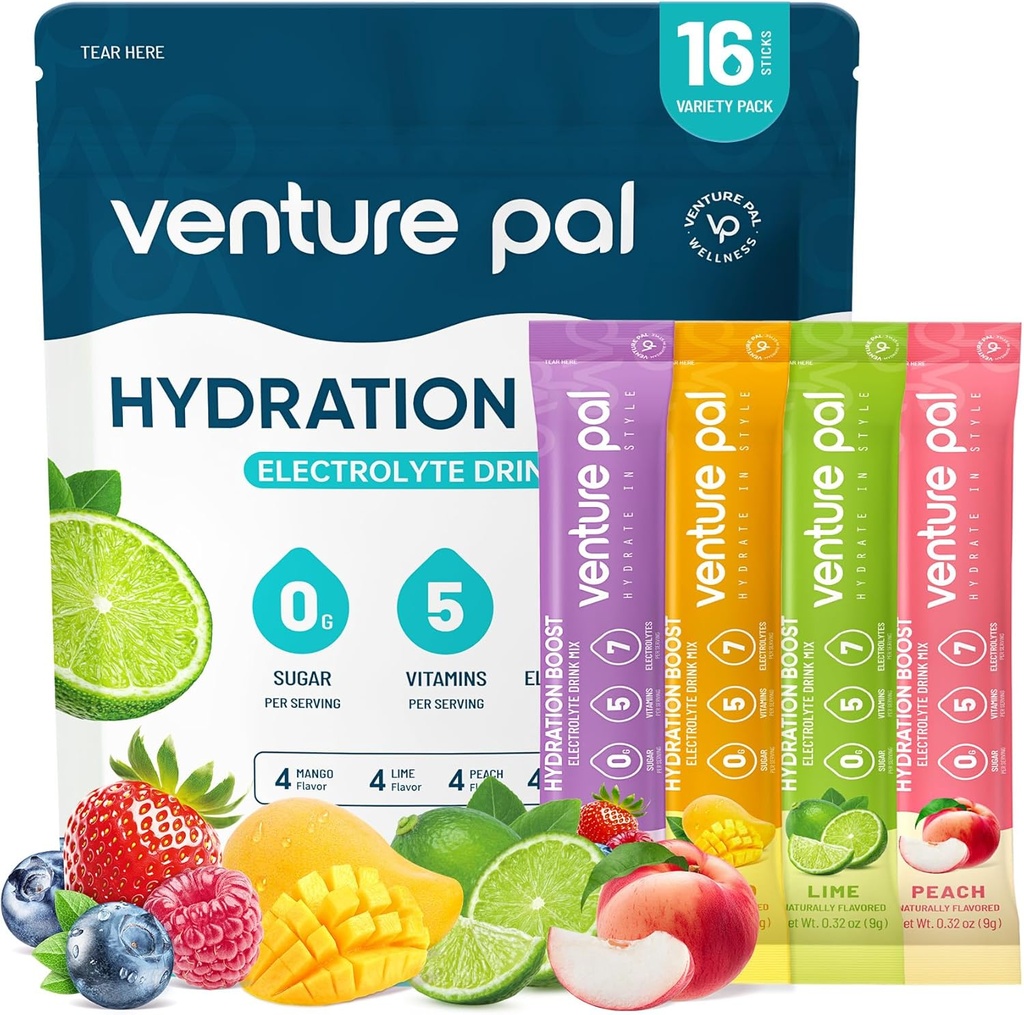 Venture Pal Sugar Free Electrolyte Powder Packets - Liquid Daily IV Hydration Packets ¦ Electrolytes Drink Mix with 5 Vitamins & 7 Electrolytes ← Keto Friendly ← Non-GMO  Certified Vegan ← 16 Sticks