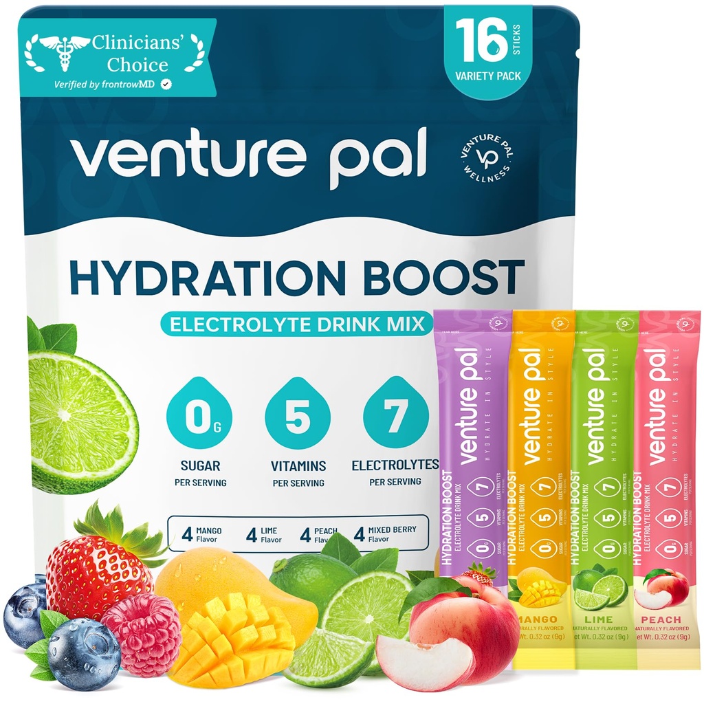 Venture Pal Sugar Free Electrolyte Powder Packets - Liquid Daily IV Hydration Packets ¦ Electrolytes Drink Mix with 5 Vitamins & 7 Electrolytes ← Keto Friendly ← Non-GMO  Certified Vegan ← 16 Sticks