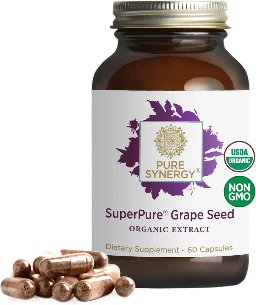 Sinergía pura SuperPure Grape Seed Extract ← Orgánica Grape Semillas Polyphenols Suplemento con Fruto Único Silencioso para la Salud del Corazón, la Esquía y el Apoyo al Envejecimiento Saludable (60 cápsulas)