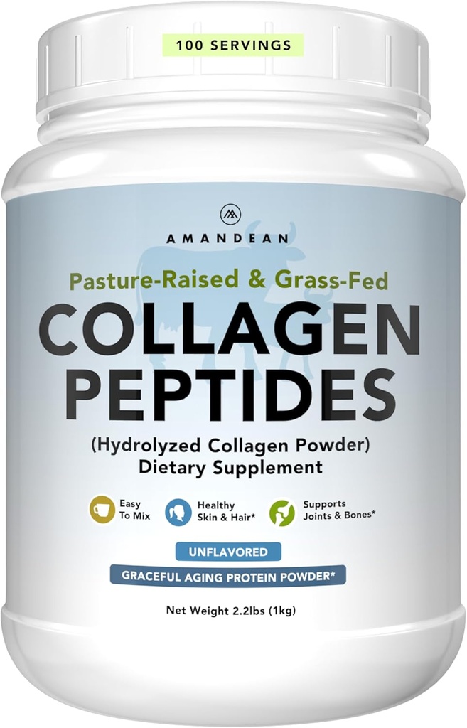 AMANDEAN Collagen Peptides Powder 1kg. Grass-Fed, Enzimatically Hydrolyzed, Tipo 1 " 3. Aglomerado, fácil de mezclar, desarmado, no GMO. Proteína con 18 Aminoácidos para la piel sana, pelo, uñas.