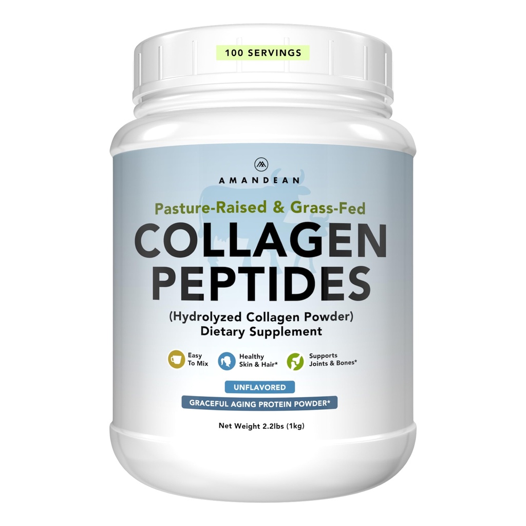 AMANDEAN Collagen Peptides Powder 1kg. Grass-Fed, Enzimatically Hydrolyzed, Tipo 1 " 3. Aglomerado, fácil de mezclar, desarmado, no GMO. Proteína con 18 Aminoácidos para la piel sana, pelo, uñas.