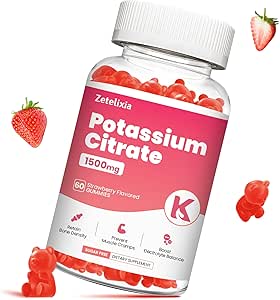Potasio Gummies for Adults Women ' Men, Potassium Citrate Supplement, Support Leg Cramps, Muscle Health & Electrolyte Balance, Sugar Free, Organic, Vegan, Strawberry, 60 Cts