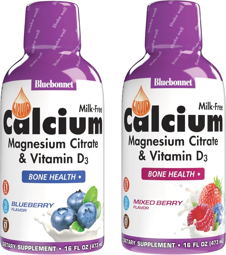 BlueBonnet Nutrition Liquid Calcium Citrate Magnesium Citrate, Vitamin D3, Bone Health, Gluten Free, Soy Free, Milk Free, Kosher, Blueberry y Mixed Berry Combo