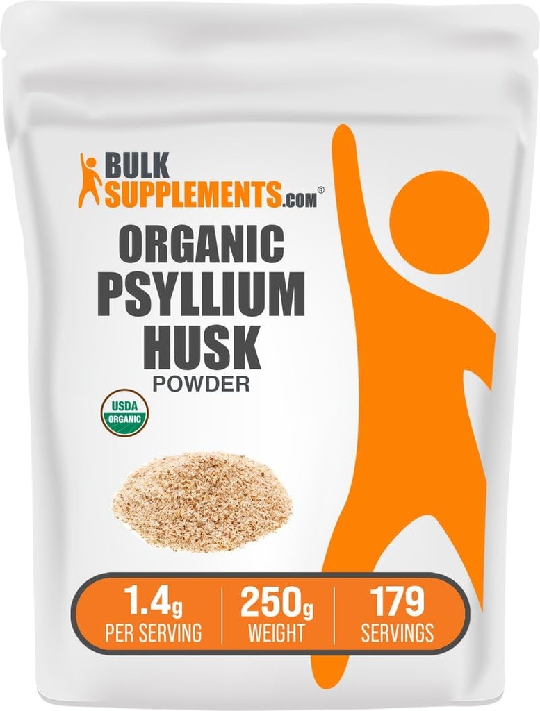 BulkSupplements.com Orgánica Psyllium Husk Powder - Psyllium Husk Polvo para Hornear, Suplemento de fibra - Gluten Gratis, 1.4g por Serving, 250g (8.8 oz) (Pack of 1)