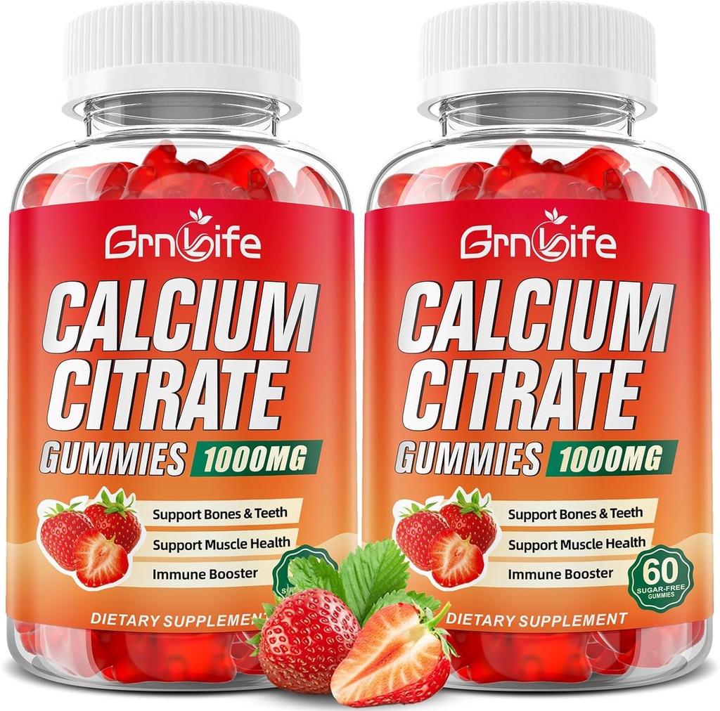 2 Pack Calcium Citrate Gummies, Azúcar Citrato de Calcio Gratuito 1000mg para Muscle Saludable, Absorción Suplementos de Calcio para Adultos &amp; Niños, Fresa, 120 Conde