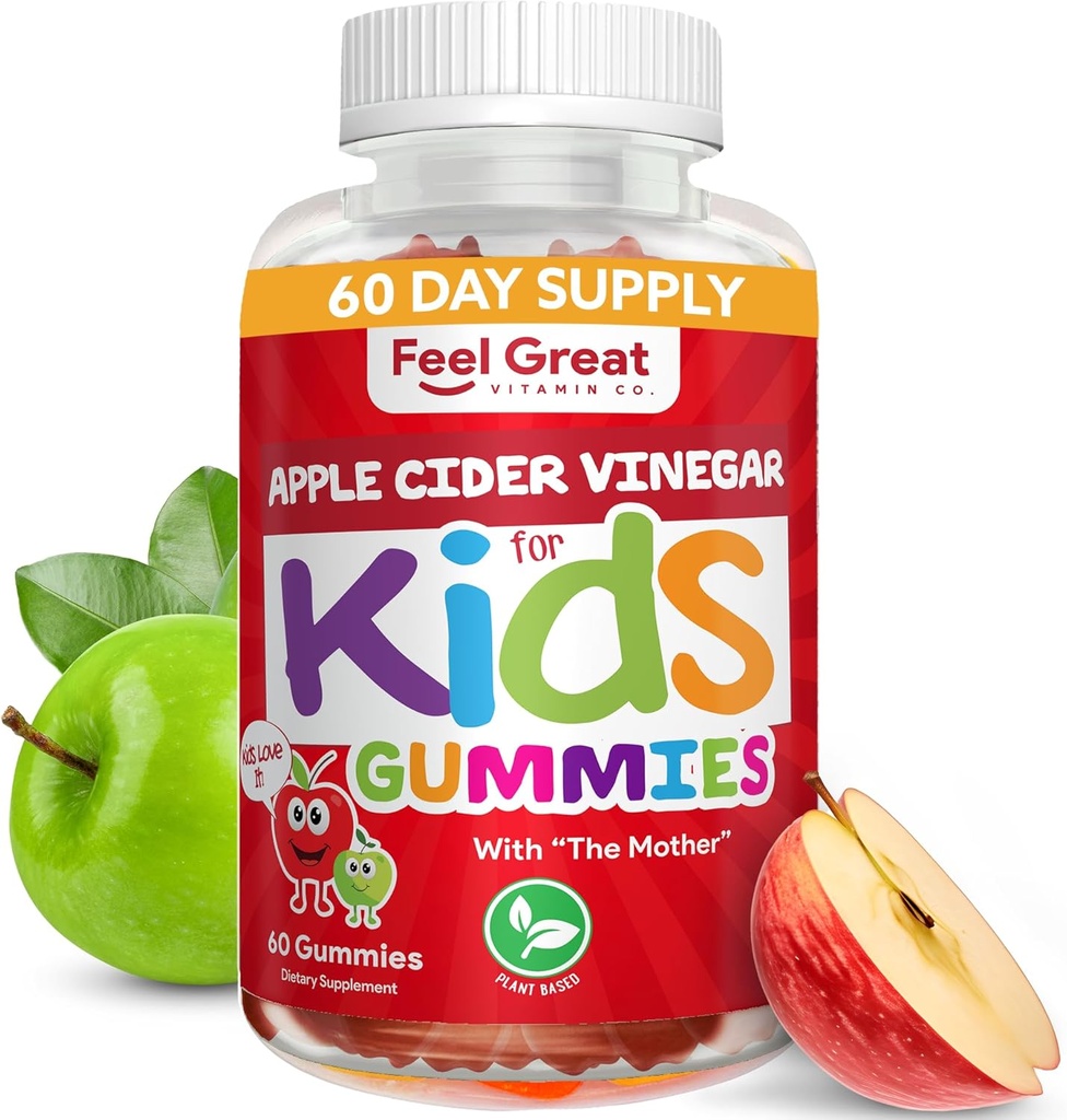 Feel Great Apple Cider Vinegar Gummies for Kids ← Rich in Digestive Enzymes & Natural Antioxidants for Gut Health ← Vegan Gummy Supports Healthy Nutrient Absorption ← 60 Day Supply