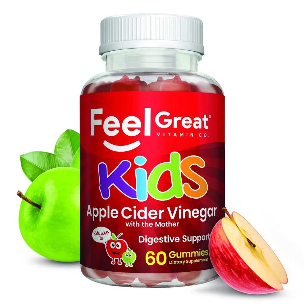 Feel Great Apple Cider Vinegar Gummies for Kids ← Rich in Digestive Enzymes & Natural Antioxidants for Gut Health ← Vegan Gummy Supports Healthy Nutrient Absorption ← 60 Day Supply