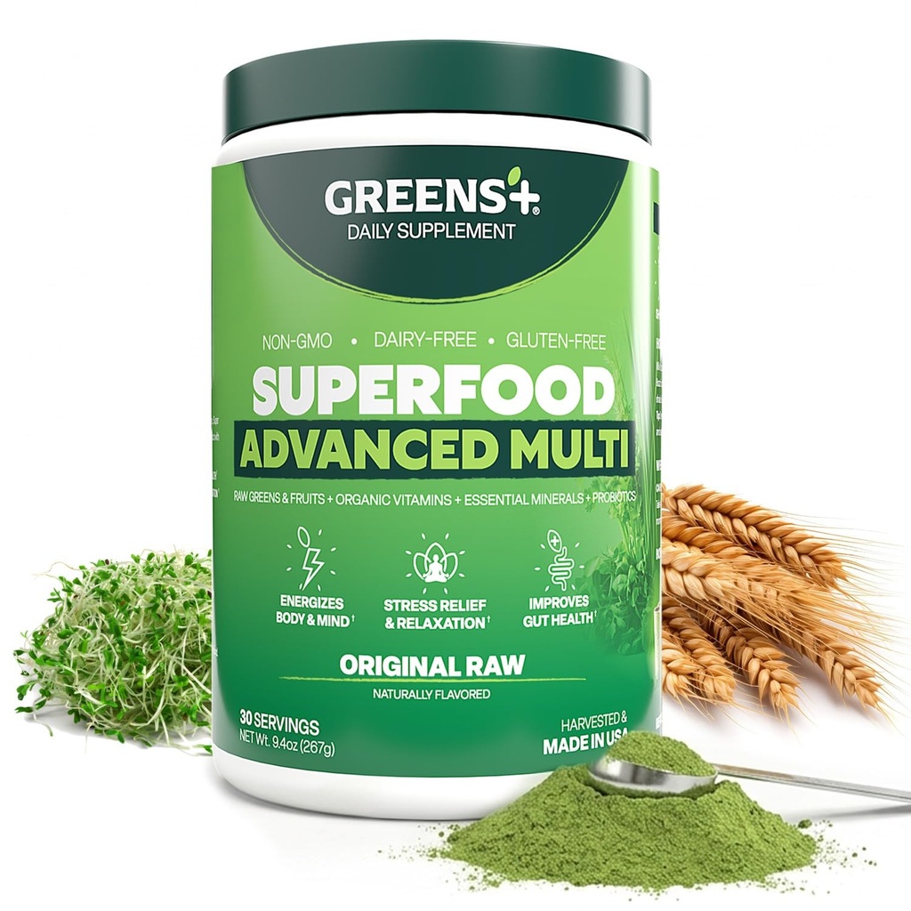 Verdes+ Superalimentos multigrabados avanzados ← Blend esencial de alimentos crudos, superfrutas y verduras marinas Polvo Ø Vegan ← Suplemento dietético Silencioso No GMO, Soy Dairy &amp; Gluten-Free Ø Tamaño 9.4oz