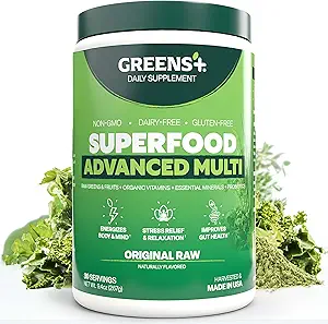 Verdes+ Superalimentos multigrabados avanzados ← Blend esencial de alimentos crudos, superfrutas y verduras marinas Polvo Ø Vegan ← Suplemento dietético Silencioso No GMO, Soy Dairy &amp; Gluten-Free Ø Tamaño 9.4oz