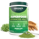 Verdes+ Superalimentos multigrabados avanzados ← Blend esencial de alimentos crudos, superfrutas y verduras marinas Polvo Ø Vegan ← Suplemento dietético Silencioso No GMO, Soy Dairy &amp; Gluten-Free Ø Tamaño 9.4oz
