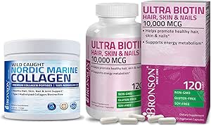 Bronson Marine Collagen Peptides Hidrolyzed Protein Powder + Ultra Biotin 10,000 Mcg Hair Skin and Nails Supplement