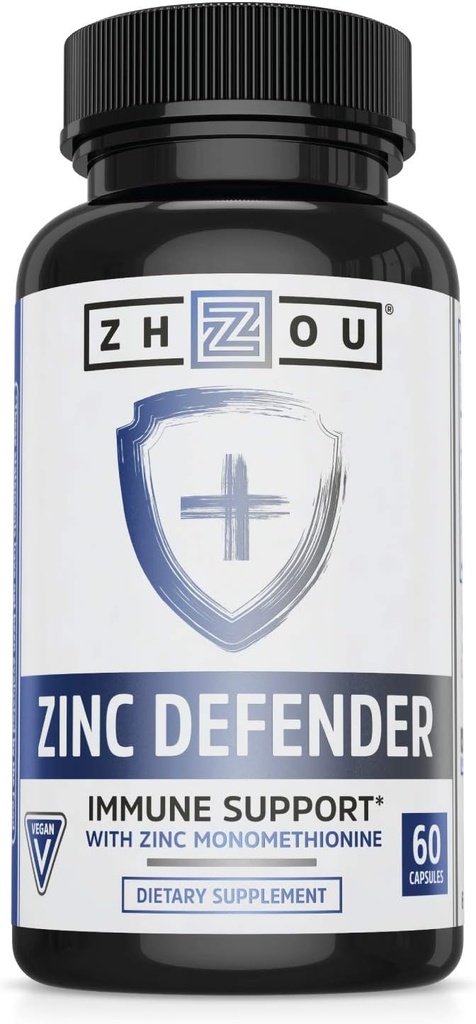 Zhou Zinc Defender - Zinc Supplements for Men &amp; Women, 30mg Por Serving for Immune Health and Mineral Support, Pure Vegan Formula - 60 Capsules